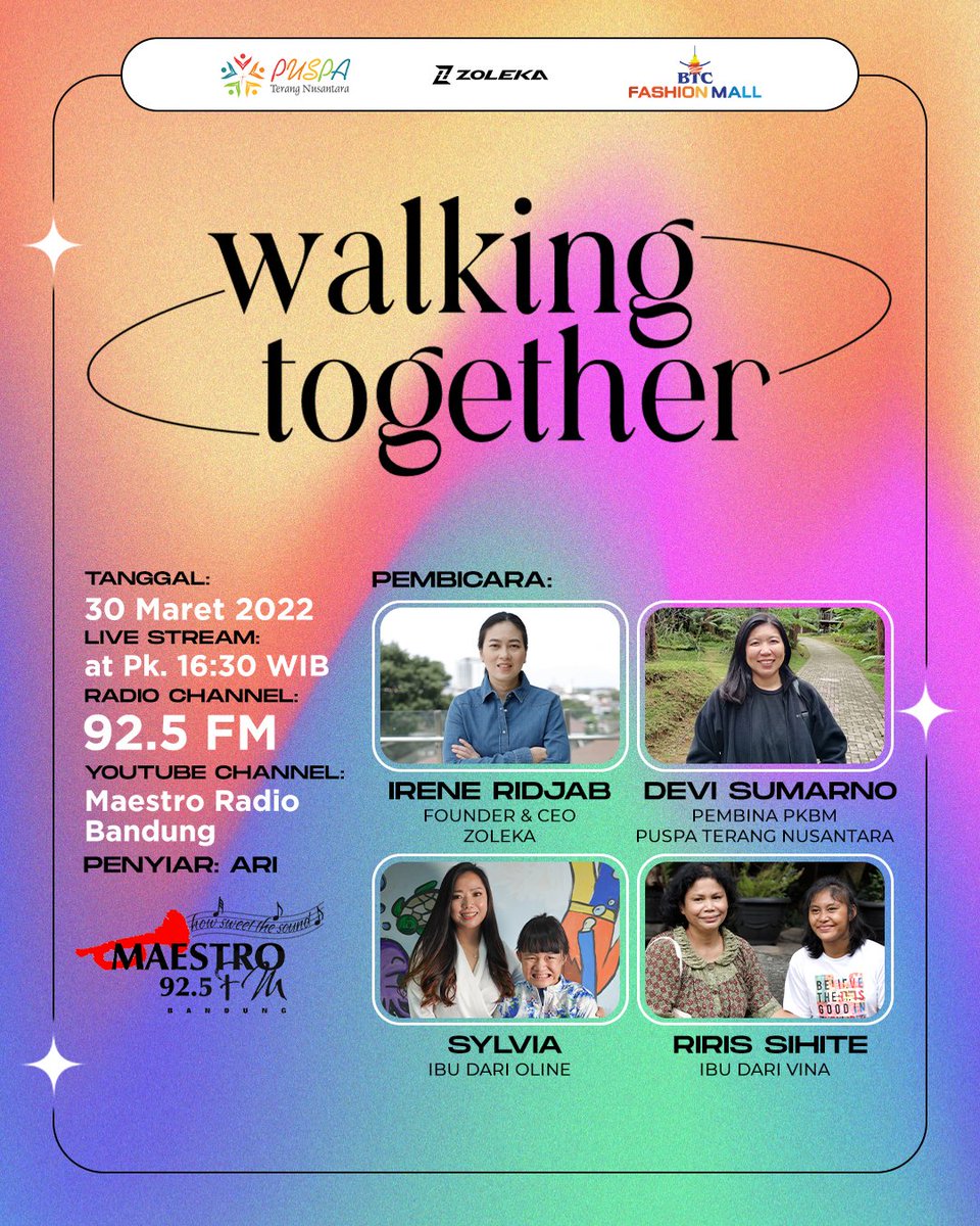 zolekaID's tweet photo. Saksikan siaran talkshow di Radio Maestro 92.5 FM hari ini!
Bersama narasumber yang menginspirasi, mereka akan membahas tentang kepedulian dan rasa kasih terhadap anak-anak berkebutuhan khusus.

Dicatat ya jadwalnya!!!
Rabu, 30 Maret 2022
Jam 16.30 WIB

#ZolekaID #WalkingTogether https://t.co/P7SuqSExpl