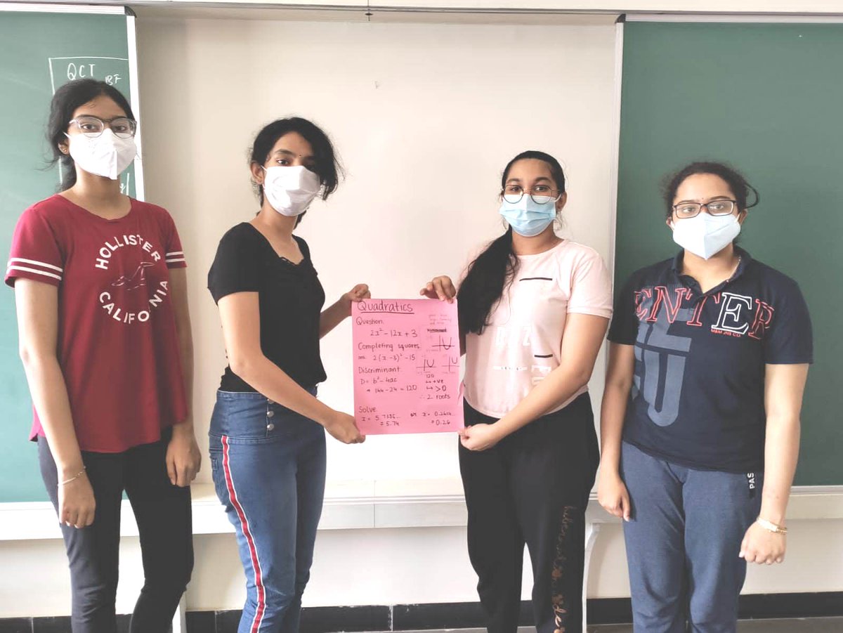 ManthanSchool's tweet photo. AS Level Pure Math Activity
11th graders did a recap activity related to quadratics in which they applied derivations and properties of quadratics to find vertex, minimum/maximum points and nature of the roots. The activity was presented in the form of posters by the students. https://t.co/PcDQ2aYUuC
