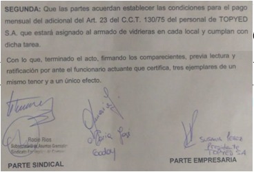 Firmamos junto a la empresa el pago adicional por el armado de vidrieras, para cada compañera que realicen dicha tarea.
Quiero agradecerle a <a href="/Rociotweet/">Rocio Victoria Rios</a>  por el apoyo incondicional en cada acuerdo, para continuar logrando mejores condiciones laborales. 
<a href="/CarlosPerezSEC/">Carlos Pérez</a>