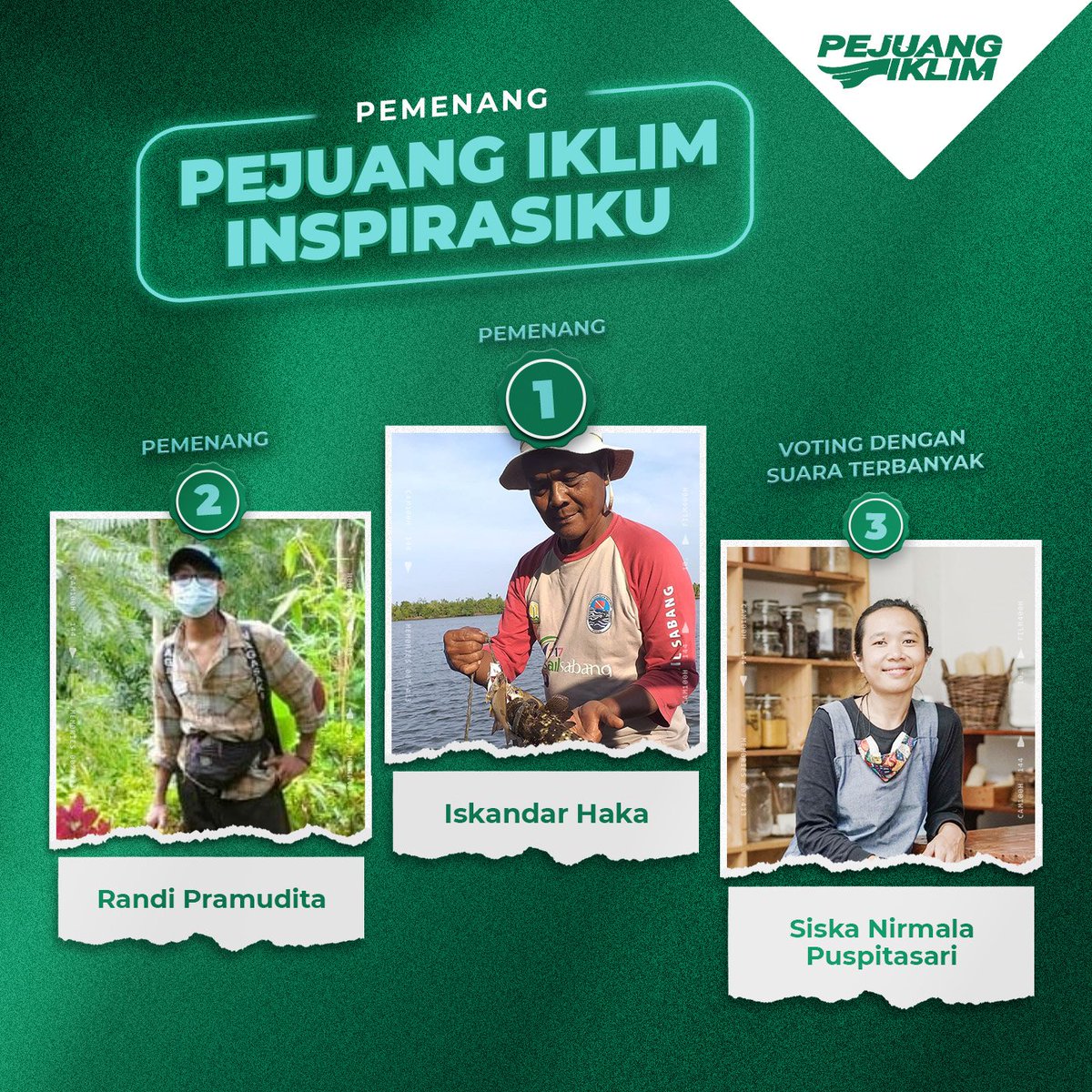 Selamat kepada para pemenang #PejuangIklimInspirasiku @iskandar_haka, @tegalland dan @zerowasteadventure.

Terima kasih atas aksinya menyelamatkan bumi dan menginspirasi banyak orang. Semoga dengan kemenangan ini bisa menginspirasi lebih banyak lagi.