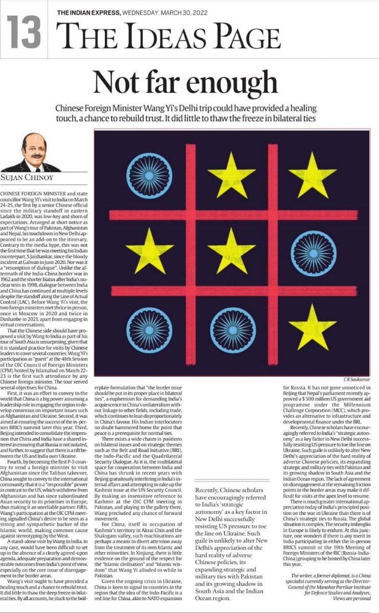 SujanChinoy's tweet photo. My piece @IndianExpress on Chinese Foreign Minister &amp; State Councillor Wang Yi's visit to India last week.Please read "India-China" instead of "Indo-China" in the caption to e-version. https://t.co/PYUGTcNI6f #BorderCrisis #IndoPacific #Quad #BeltandRoad #UkraineWar #Afghanistan https://t.co/54YrA94fZO