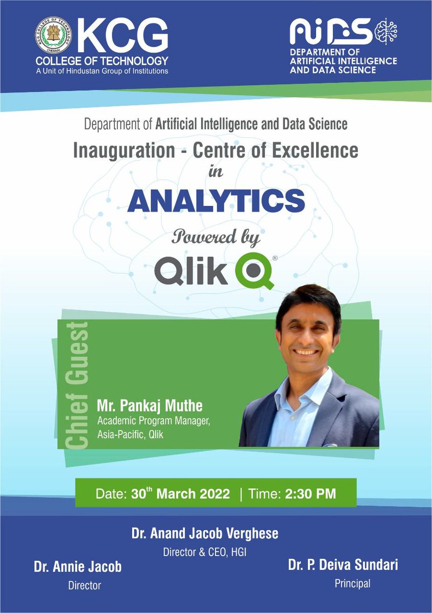 KCGSH2's tweet photo. KCG College of Technology invites you to the Inauguration of the Centre of Excellence in Analytics powered by Qlik at 2:30 PM on 30th March 2022.
#KCGCollege
@qlik @KCGtechnology https://t.co/uqf9DZxpOP