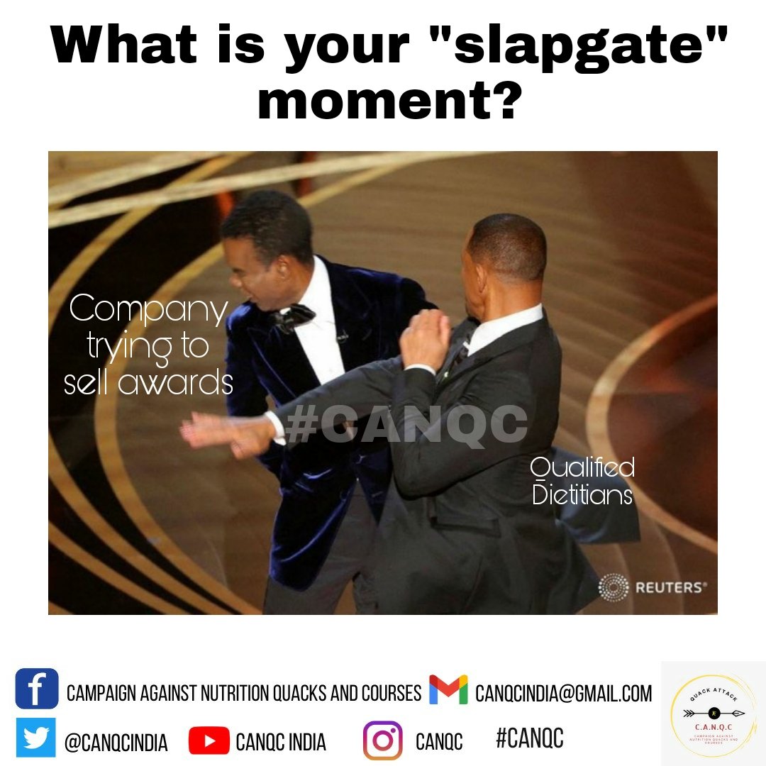 CANQCINDIA's tweet photo. Witty Wednesday

Do share all your witty thoughts in the comments below. The picture says it all 🙂
#slapgate #viral #trending #Oscars #Oscars2022 #willsmithslapschrisrock #WittyWednesday #qualifieddietitiansonly #canqc #awards #paidawards #fees #quackery #copying #nocredits https://t.co/vx0lcgy6az
