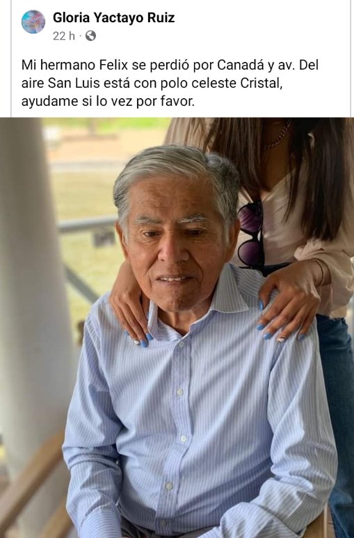 rolandoarturo1's tweet photo. Por favor máxima difusión, Don Feliz Yactayo se perdió el día de ayer en las inmediaciones de la Av del aire y Canadá en San Luis, por favor cualquier información que nos pueda ayudar la recibiré aquí por interno, muchas gracias amigos. Viste un polo celeste del Cristal https://t.co/CD8wkNZmgY
