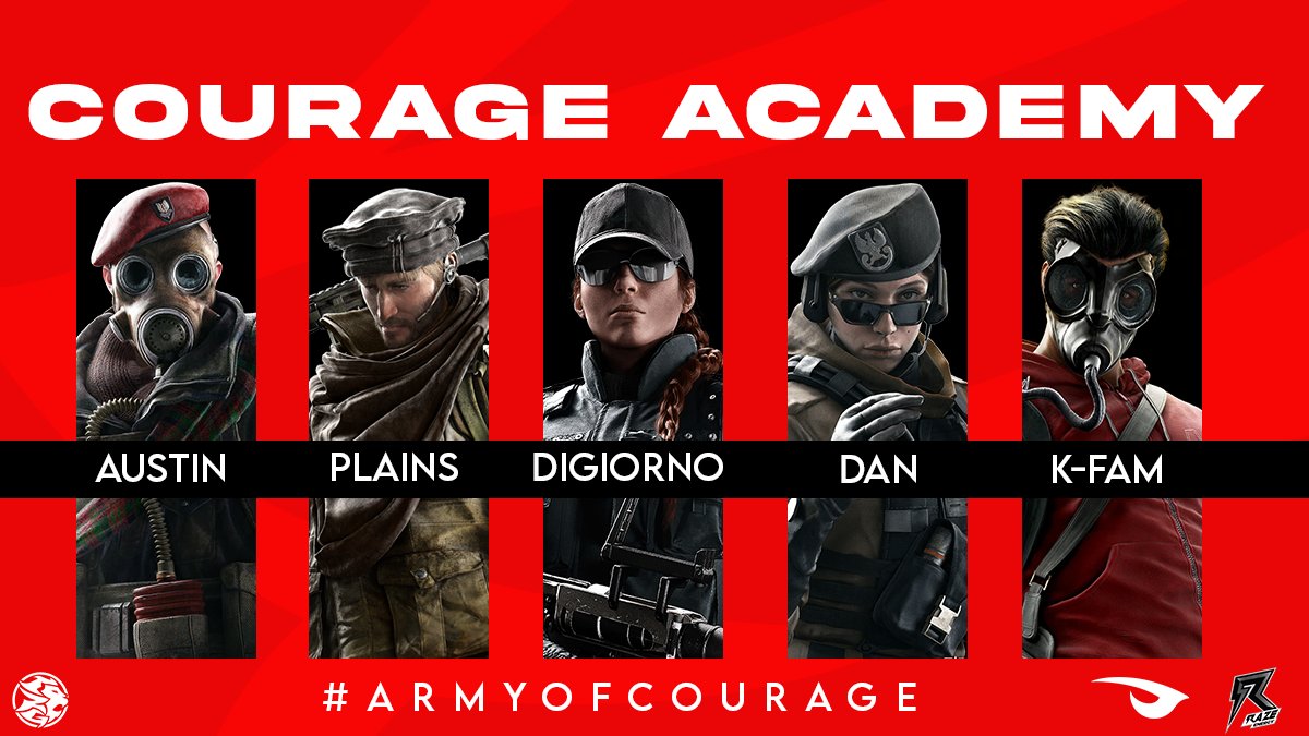 Lets give a warm welcome to our brand new R6 Academy Team!! #havecourage #armyofcourage #razerebellion 

Austin | ⚔️
Plains | ⚔️
Digiorno | ⚔️
Dan | ⚔️
K-Fam | ⚔️