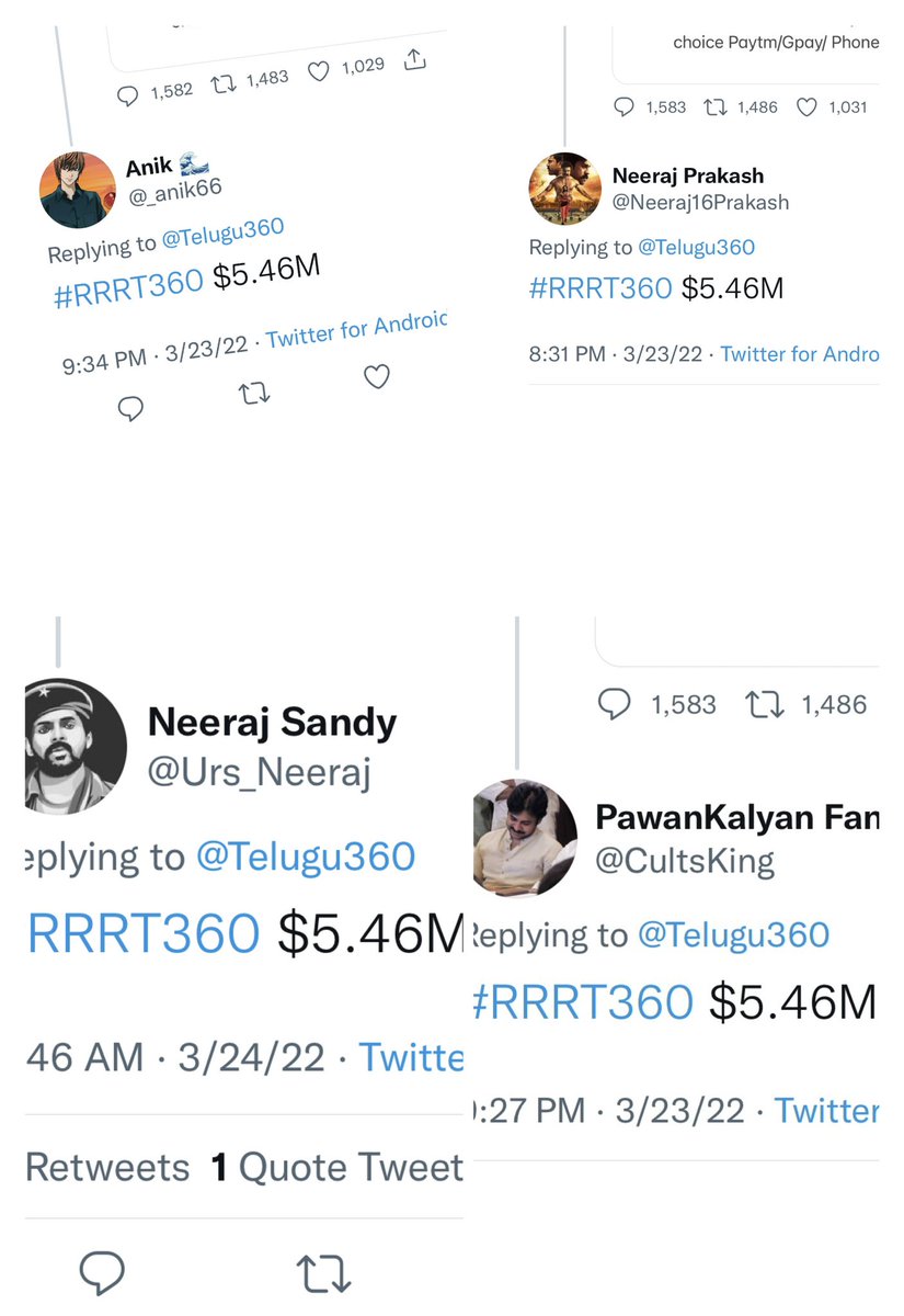 Telugu360's tweet photo. RRR Telugu360 Contest winners are @_anik66 @Neeraj16Prakash @CultsKing @Urs_Neeraj π
All 4 predicted $5.46M , Please DM us your details for βΉ1,875 Each
THANK YOU all participants and readers,wishing you Best of luck with next contest
#RRR #RRRMovie #RRRT360 https://t.co/qUzx4gzJdJ