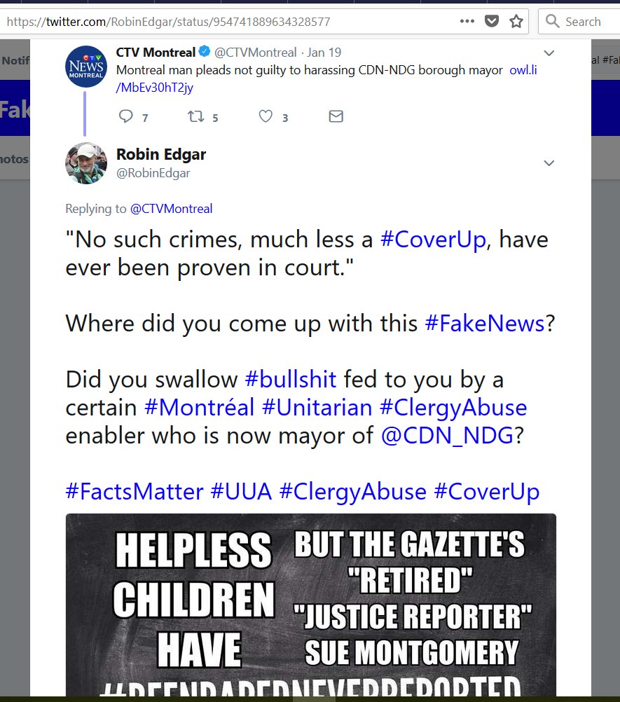 RobinEdgar's tweet photo. @DawsonMyrna Not one "journalist" has properly reported #TheOtherSideOfTheStory of my alleged #CriminalHarassment of Sue Montgomery. My "harassment" consists of #PublicCriticism & #PeacefulPublicProtest of her #complicity in @UUA #ChildSexAbuse #CoverUp & #Denial.
#UUA #CSA #CDNmediaFAILed https://t.co/92t1qCuXPm
