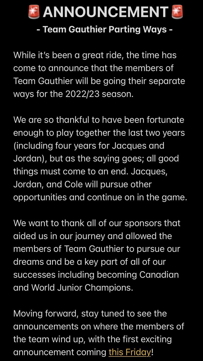 🚨Team Announcement🚨

After a few years together, the members of Team Gauthier have decided to go their separate ways and welcome a new wave of opportunity. 

Stay tuned for an exciting announcement regarding the future of this team at 12pm CT on Friday! 

Full story below ⬇️