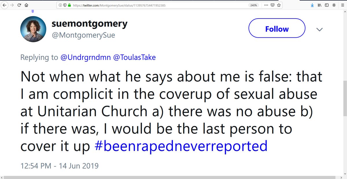 RobinEdgar's tweet photo. @DawsonMyrna Not one "journalist" has properly reported #TheOtherSideOfTheStory of my alleged #CriminalHarassment of Sue Montgomery. My "harassment" consists of #PublicCriticism & #PeacefulPublicProtest of her #complicity in @UUA #ChildSexAbuse #CoverUp & #Denial.
#UUA #CSA #CDNmediaFAILed https://t.co/92t1qCuXPm
