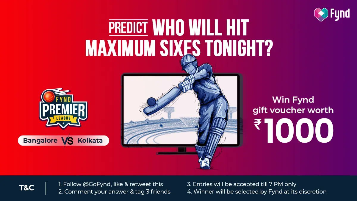 fynd_official's tweet photo. 🚨CONTEST ALERT🚨 

It’s Kolkata vs Bangalore tonight! Predict who will hit maximum sixes! 🏏🏏 
Please read the Terms &amp; Conditions to stand a chance to win a Fynd gift voucher of ₹1000💫

#IPL2022 #KKRvsRCB #iplcontest #CricketTwitter #fyndpremierleague #fynd https://t.co/5TE50beozM
