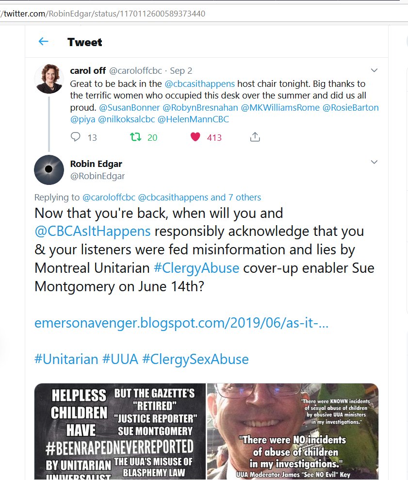 RobinEdgar's tweet photo. @DawsonMyrna Not one "journalist" has properly reported #TheOtherSideOfTheStory of my alleged #CriminalHarassment of Sue Montgomery. My "harassment" consists of #PublicCriticism & #PeacefulPublicProtest of her #complicity in @UUA #ChildSexAbuse #CoverUp & #Denial.
#UUA #CSA #CDNmediaFAILed https://t.co/92t1qCuXPm