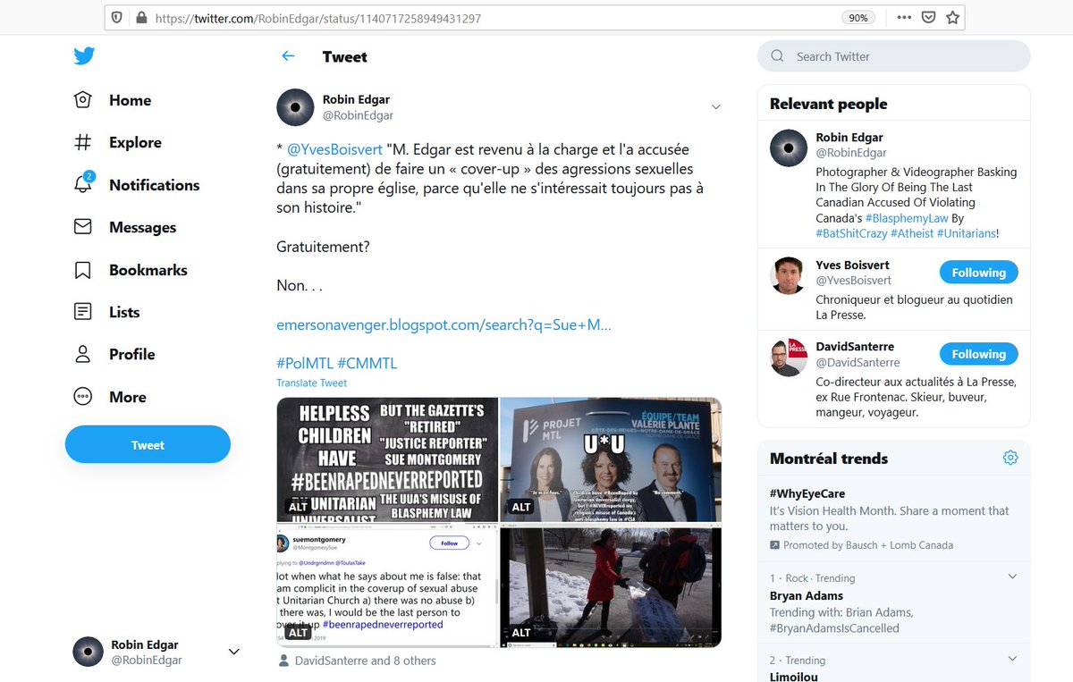 RobinEdgar's tweet photo. @DawsonMyrna Not one "journalist" has properly reported #TheOtherSideOfTheStory of my alleged #CriminalHarassment of Sue Montgomery. My "harassment" consists of #PublicCriticism & #PeacefulPublicProtest of her #complicity in @UUA #ChildSexAbuse #CoverUp & #Denial.
#UUA #CSA #CDNmediaFAILed https://t.co/92t1qCuXPm