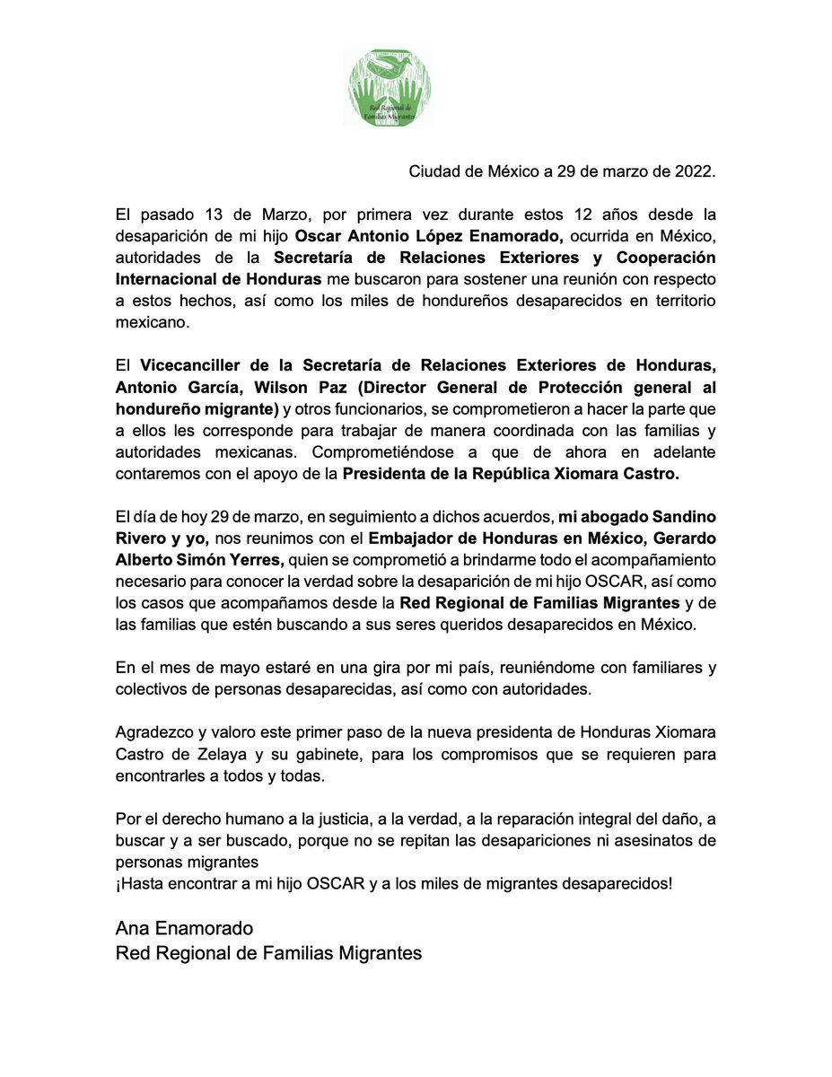 redfamiliasmica's tweet photo. ��COMUNICADO🛑 RECONOCEMOS EL ACERCAMIENTO Y PASOS DE BUENA VOLUNTAD DEL GOBIERNO DE HONDURAS @CancilleriaHN @XiomaraCastroZ  @SandinoRivero @SRE-mx https://t.co/e8n5deKOh2