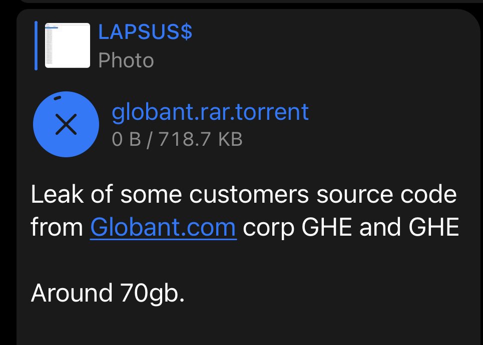 vxunderground's tweet image. Despite a series of arrests from UK authorities LAPSUS$ extortion group continues operations.

LAPSUS$ has leaked 70GB of material from @Globant, a large software development company based in Luxembourg

Intel and photos courtesy of @AlvieriD