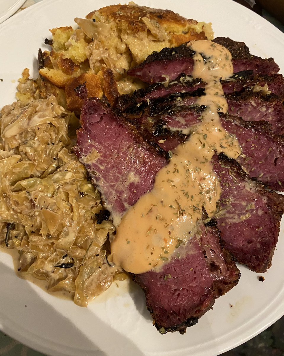 Homemade Corned beef, creamed cabbage w/blackened onions, cornbread .   It’s what’s for dinner @InsanityGay  @bhdonk1  #MFermeals   @2_duchess   A country boy can cook