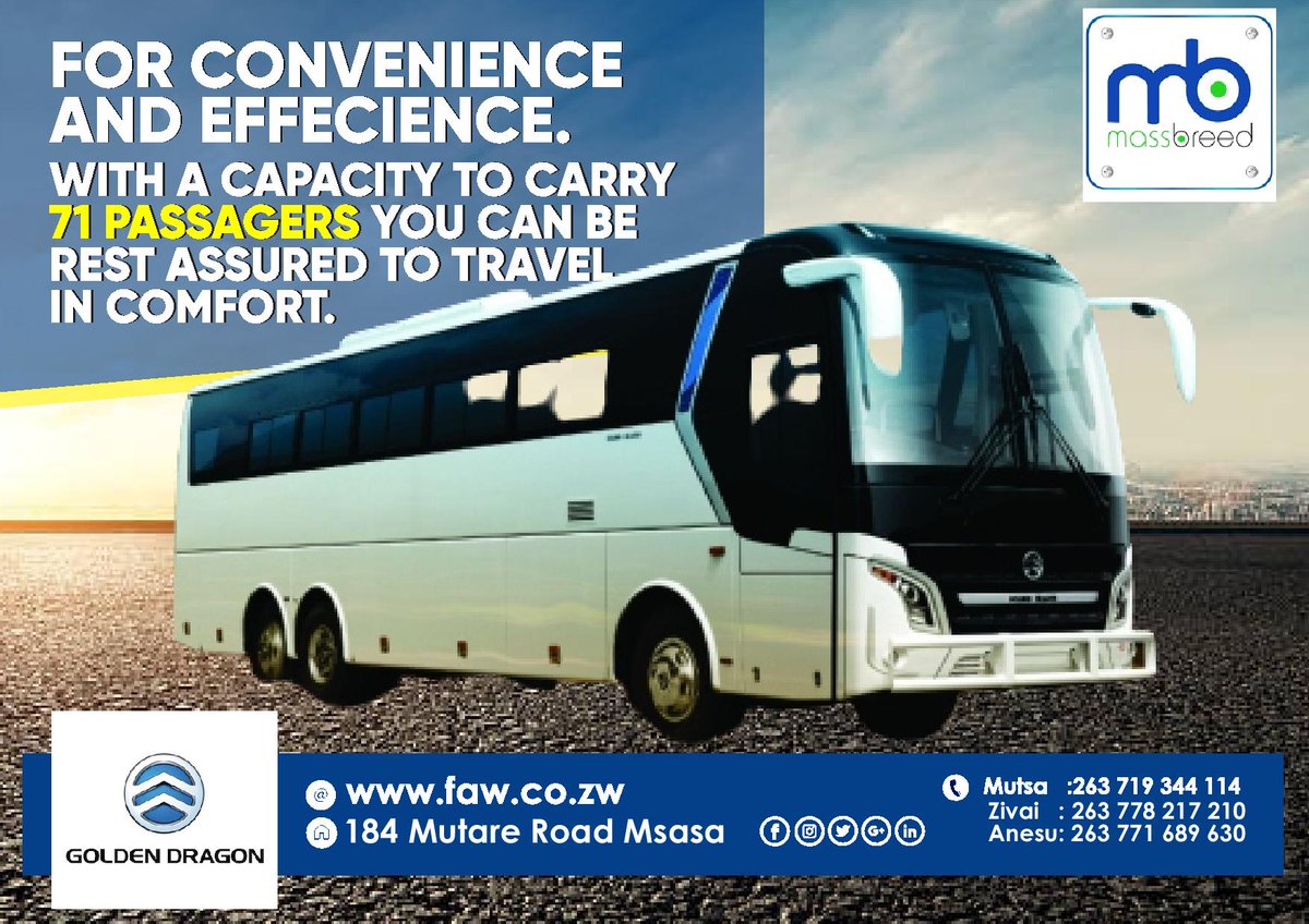 FAWZimbabwe's tweet photo. We understand you when it comes to convenience and comfort that is why our Golden Dragon 71 Seater has been designed with you our customers in mind . Visit our shop and get to know more from our sales team . 

#goldendragon #massbreed #71seaterbus #faw https://t.co/5wiRu50dSM