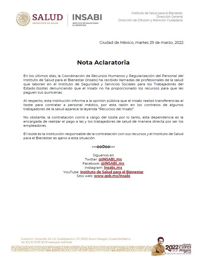 IMSS_Bienestar's tweet photo. #INSABIInforma

Nota aclaratoria sobre el pago a trabajadores de la salud del Instituto de Seguridad y Servicios Sociales para los Trabajadores del Estado (Issste).

👉🏻 https://t.co/dKoR1PqojH

#INSABI #ISSSTE https://t.co/2OjHTW5ywR