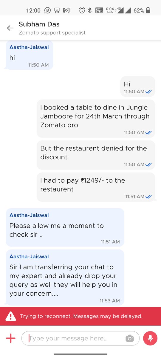 somanshdks's tweet photo. This is the level of service from #Zomato. Executives keep on transferring the call and no call from the expert. https://t.co/qN5atY2AtW