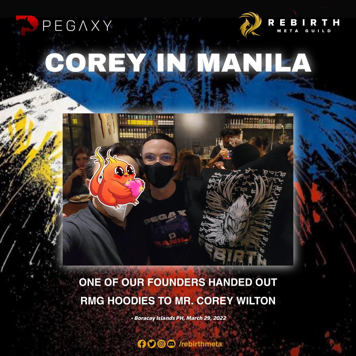rebirthmeta's tweet photo. WE ARE ONE, WE RMG!!

Take a look at that hoodie, fam👀
  
Let us all give Corey Wilton a warm welcome! We are delighted to have you visit the Philippines. 🎉🎉

If you're a proud RMG MEMBER, comment #WERMG with your three fave emojis! https://t.co/vMTK2VFe9A