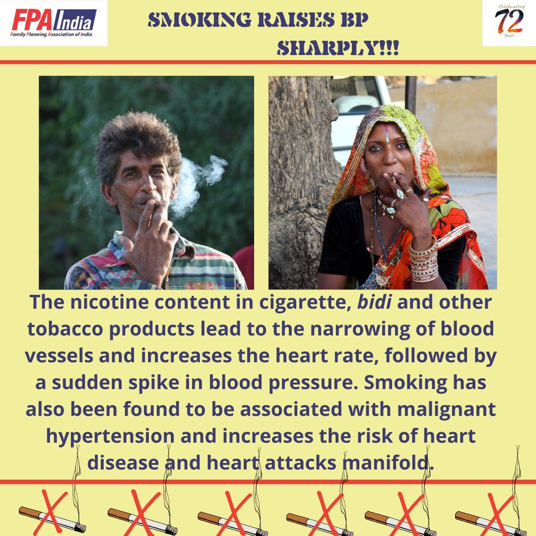 FPA_India's tweet photo. If you want a healthy heart and normal blood pressure, quitting smoking can be
#Beatthepressure #FPAI #GHAI #PrACHI #Hypertension #NCD #MoHFW #ResolvetoSaveLives #WHO #FSSAI #WHO #ActionCouncilAgainstTobaccoIndia. https://t.co/B3d5MDaPod