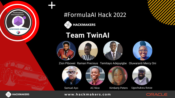 HackmakersDAO's tweet photo. Congrats to Team TwinAI for the Newcomers' Award at the #FormulaAI Hack
Members: Zion Pibowei, Raman Precious, Temitayo Adejuyigbe, Oluwaranti Mercy Oni, Samuel Ayo, Anosike Chimaobi Nice, Kimberly Peters, Ugochukwu Ilonze
Big thanks to our sponsors at Oracle and Red Bull Racing https://t.co/RSWNQdIiA2