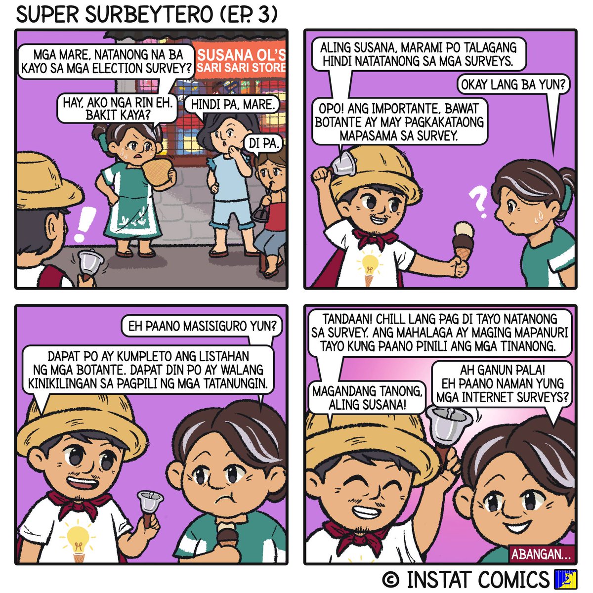 uplb_instat's tweet photo. Natanong ka na ba sa mga election surveys?
Sa episode na ito, malalaman natin ang mga batayan sa tamang pagpili ng mga tinatanong sa survey. Saksihan ang pakikipagsapalaran ni Super Surbeytero sa SusanaOl Sari-Sari Store.
#SuperSurbeytero #INSTATComics #UPLBsaHalalan2022 https://t.co/yAJiXJMzuC