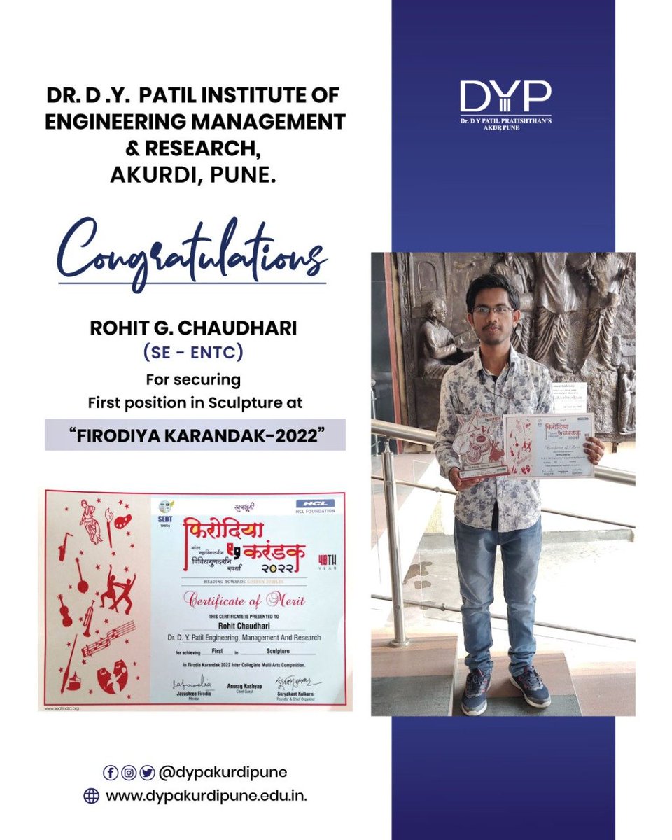 DYPIEMR1's tweet photo. “Creativity takes courage.”
Heartiest Congratulations to #DYPIEMR's 'Aaveg Kalamandal' for securing First Position in Sculpture at Firodiya Karandak 2022.#achievement. https://t.co/gAP4K8rR2f