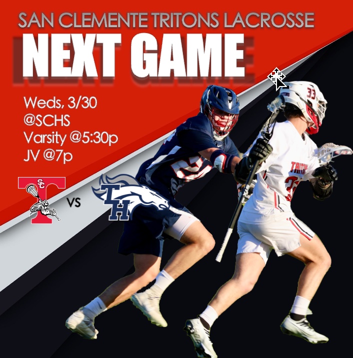 schs_lax's tweet photo. 🥍 TOMORROW the Tritons face off v Trabuco Hills Mustangs at HOME!🥍 

⭐️ STUDENTS come out for the Varsity game tonight and get a chance to win prizes!

📍SCHS
⏰ Varsity @ 5:30p,  JV @ 7p

@SCHSTritons @MaxLaxCO @SCTimesNews #schstritonslacrosse #schstritons 
@trabucohillslax https://t.co/ZQKJhaqS0m