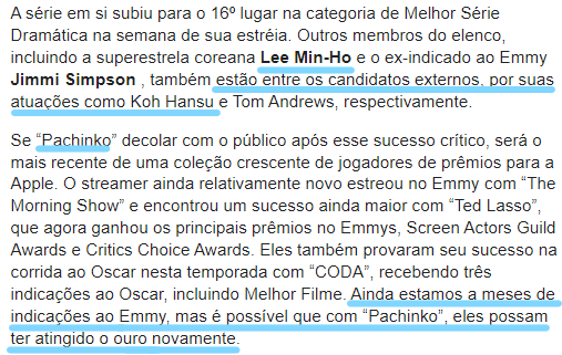 👑 ELE DEU O NOME!
 #LeeMinHo já está incluído como um candidato externo para o EMMYs em sua atuação como Hansu em #Pachinko .
Uau!!! Isso é tão incrível 👏 . Estou muito orgulhosa, feliz e animada.
 Tudo em apenas 3 episódios!!!
📎goldderby.com/article/2022/p…