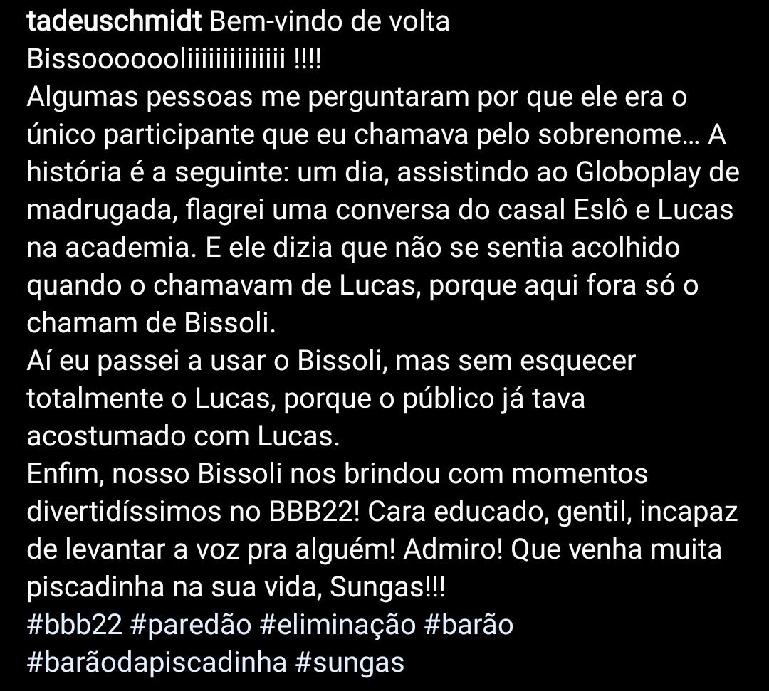 Tadeu postou explicando porque chamava o Lucas de Bissoli. Achei fofo. #BBB22