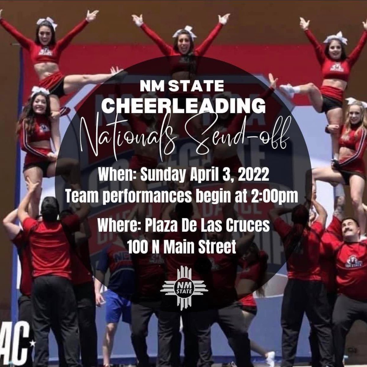 NMStateCheer's tweet photo. Come out and support the NM State Cheerleading Nationals Send Off Showcase! #ncanationals #daytonabeach #thebandshell #theworkisworthit #aggieup https://t.co/3o2o6tomxd