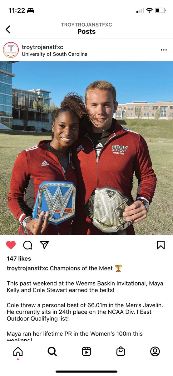 So proud of my nephew! Cole Stewart winning gold at South Carolina meet javelin thrower with a 66.01m personal best!! Way to represent Troy!