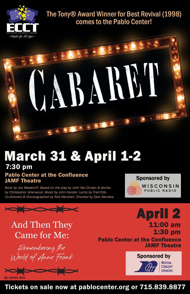 TheatreECCT's tweet photo. Thank you, Wisconsin Public Radio & Royal Credit Union, for your support in bringing these powerful, thought-provoking shows to the stage. Tickets @ https://t.co/vsdvvdQ543 #ECCT33 #ThisWeekend #ThankYou https://t.co/fCn1pYBvXF