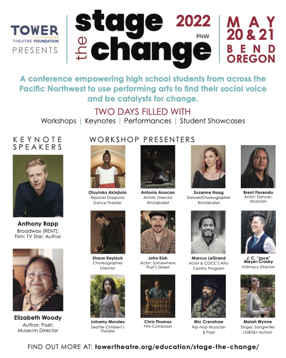 SharonM_K's tweet photo. Registration is open for @stagethechange at the @towertheatrebnd: a conference for high school students throughout the Pacific Northwest to use performing arts to find their social voice and be catalysts for change. Keynote Speakers @albinokid &amp; Liz Woody. https://t.co/KYdhz7XbFg https://t.co/XSUlsTuJ5A