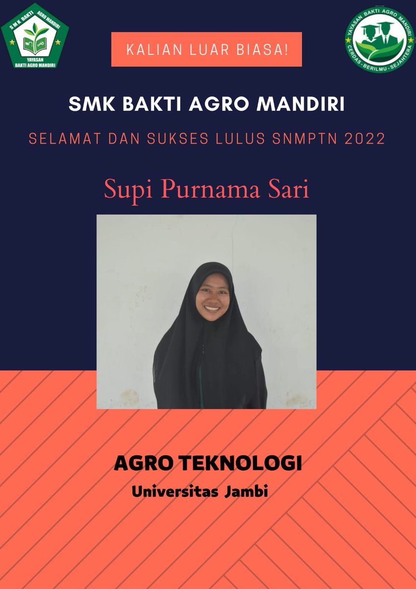 BaktiAgro's tweet photo. Rabu, 30 Maret 2022
Selamat Kepada Para Peserta Yang Sudah Lulus SNMPTN, Semoga Lancar Kuliahnya Dan Jadi Orang Yang Sukses 😊😊
#SNMPTN2022
#SMKBAM https://t.co/hibMzDR9Zr