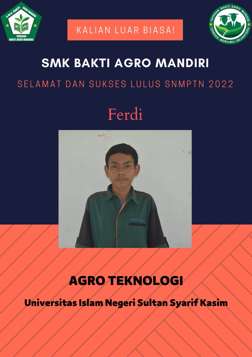 BaktiAgro's tweet photo. Rabu, 30 Maret 2022
Selamat Kepada Para Peserta Yang Sudah Lulus SNMPTN, Semoga Lancar Kuliahnya Dan Jadi Orang Yang Sukses 😊😊
#SNMPTN2022
#SMKBAM https://t.co/hibMzDR9Zr
