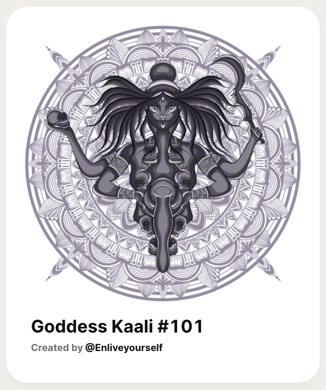 enliveyourself's tweet photo. " Every woman who awakens Transformation within herself is Kaali"
All it needs is to recognize those tiny things and embrace them with an open heart. 
Third NFT in Goddess collection  @WazirXNFT https://t.co/ZM9lvaRY5e
