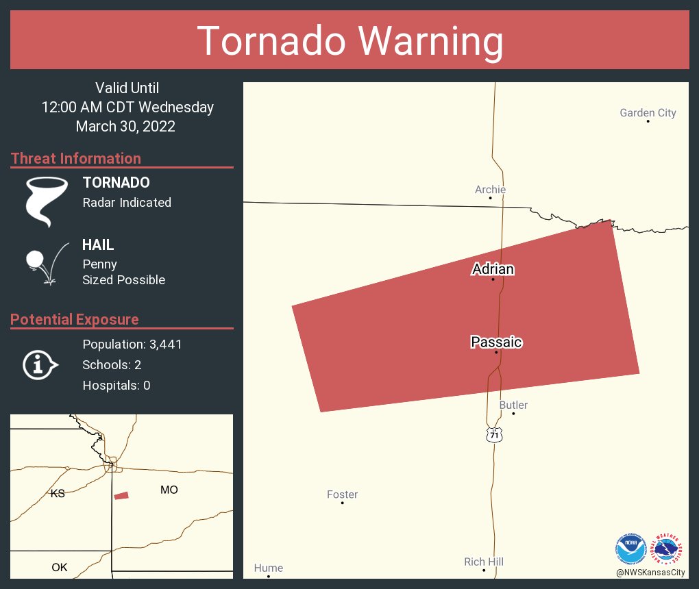 NWStornado's tweet image. Tornado Warning including Adrian MO, Passaic MO until 12:00 AM CDT