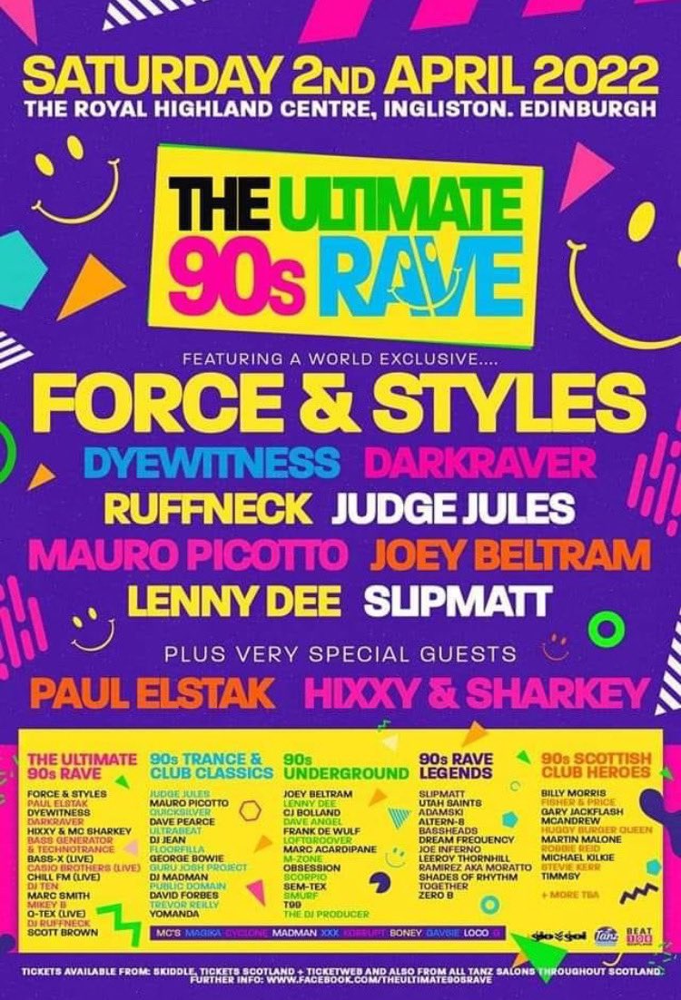 This Saturday #TheUltimate90sRave will take over The Royal Highland Center in Edinburgh, featuring 4 marquees, an outdoor stage & a line up with legends bursting out of every single arena! This is your chance to be a part of 🏴󠁧󠁢󠁳󠁣󠁴󠁿 Scottish rave history! Do not miss it!