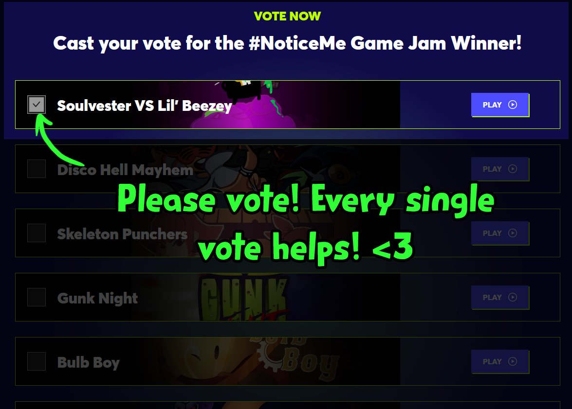 My game SOULVESTER VS LIL BEEZEY is in the top 10 of the <a href="/operagxofficial/">Opera GX</a> and <a href="/YoYoGames/">Moved to @GameMakerEngine</a> #NoticeMe game jam! I would appreciate any votes for my game here! gxc.gg/game-jam/vote/ #gamedev #gamemaker #2danimation #indiedev #indiegame Thanks so much!