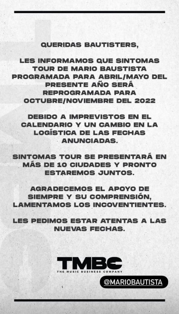 mbcharts_'s tweet photo. 📰| Anuncio Mario Bautista sobre conciertos 2022. https://t.co/j4jqc6uYPj