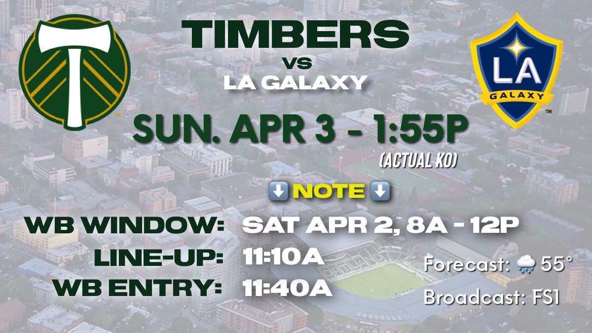 PTFCLineCulture's tweet photo. Here’s your WB times for #PORvLA on Sun. 4/3.
***NOTE: Due to early kick, WB distribution is SATURDAY 4/2, 8a-12p.*** 
TA ticket &amp; proof of vaccination or neg PCR test required for WB &amp; park entry. Masks optional. Updated health policies: https://t.co/PC5yeu2lhn  #RCTID https://t.co/yuruNdoRIM