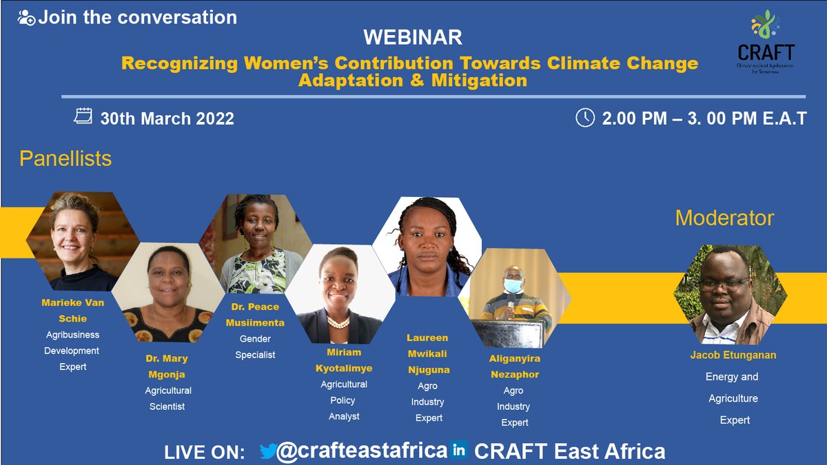 crafteastafrica's tweet photo. π’ HAPPENING TODAY!
We are just under 5 hrs to our insightful webinar that will demistify the linkages between gender & #ClimateChange β¬οΈ
The event will be #StreamedLive πΊ on our Twitter & LinkedIn accounts starting at β²οΈ 2.00 PM EAT
We are ready & excited to receive you π https://t.co/F6CEYIMkZ1
