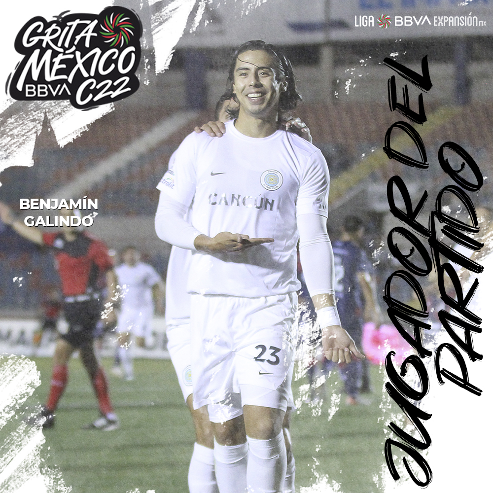 LigaMXExpansion's tweet photo. #JugadorDelPartido - Benjamín Galindo 🔥😎 

El defensor de @cancun_fc fue protagonista en el triunfo de la Ola en Sonora; se sumó al ataque y marcó el gol de la victoria, pero no solo eso, también fue pilar en la zaga de su club.

#Jornada15
#LigaBBVAExpansiónMX #GritaMéxicoC22 https://t.co/TZc4v5xN0M