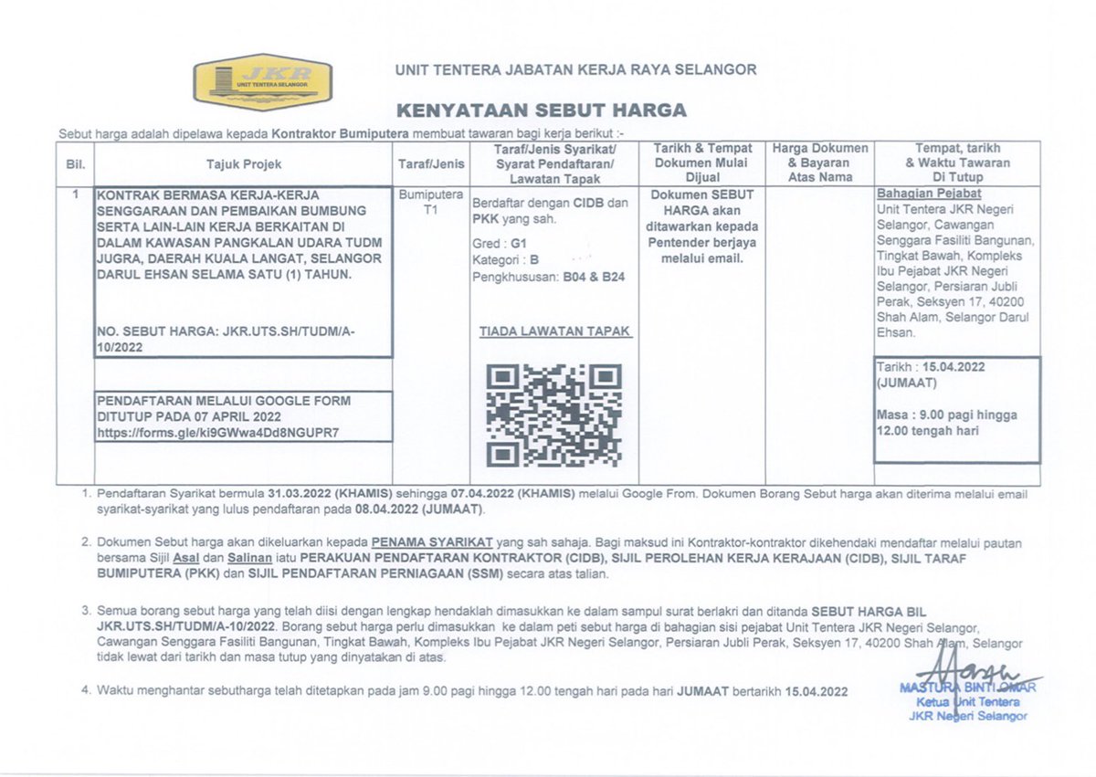 Iklan Sebut Harga Senggaraan Awam  di Pangkalan Udara TUDM Jugra, Daerah Kuala Langat, Selangor.
JKR.UTS.SH/TUDM/A-10
JKR.UTS.SH/TUDM/A-11 JKR.UTS.SH/TUDM/A-12 JKR.UTS.SH/TUDM/A-13
<a href="/syikun/">Muhd Asyikun</a> 
<a href="/masturaomar10/">masturaomar</a> 
<a href="/jkrtudmsubang18/">JKR TUDM SUBANG</a> 
<a href="/JKRSelangor/">JKR Selangor</a> 
<a href="/csfbjkr/">CSFB JKR</a>