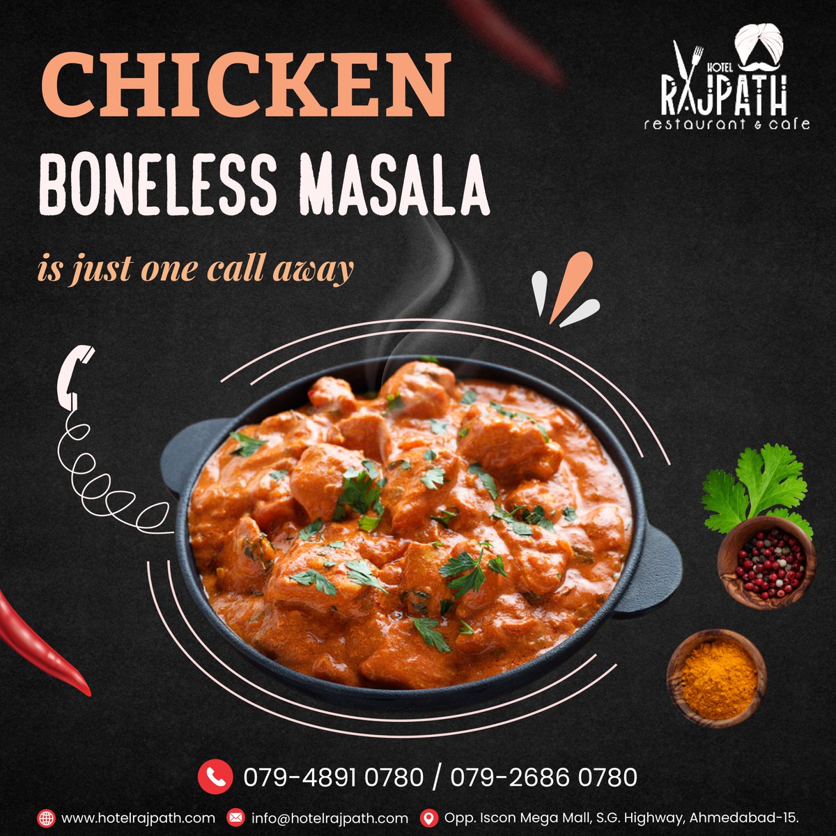 Hotel_Rajpath's tweet photo. Chicken Boneless Masala is an Indian dish which tastes excellent with both Rice or any Indian bread of your choice. You’ll be rewarded with extra tender juicy chicken chunks doused in an amazing sauce. Order Today!! #hotelrajpath #ChickenBonelessMasala #chickenmasala  #nonvegfood https://t.co/TyWmpGcY89