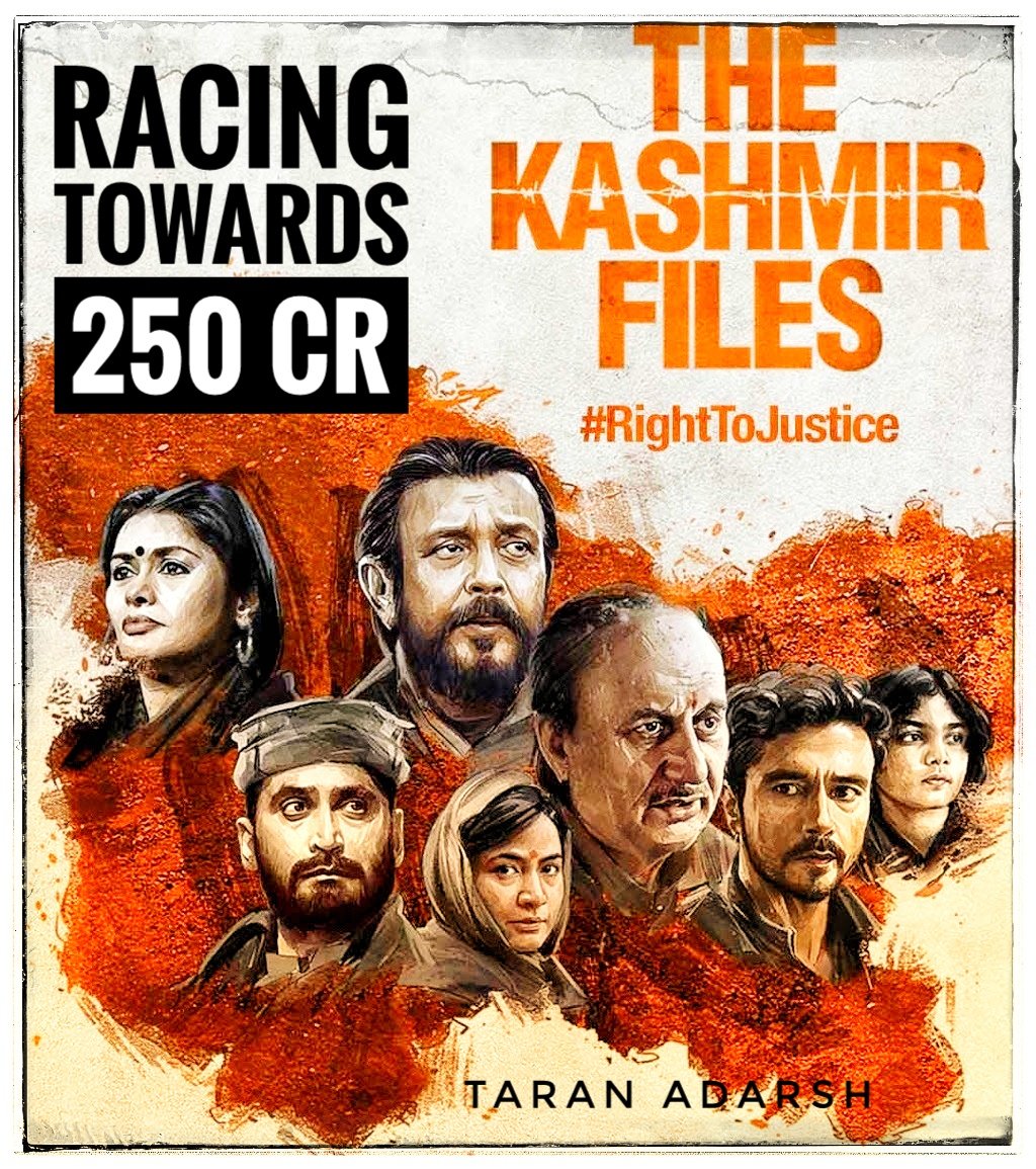 taran_adarsh's tweet photo. #TheKashmirFiles [Week 3] Fri 4.50 cr, Sat 7.60 cr, Sun 8.75 cr, Mon 3.10 cr, Tue 2.75 cr. Total: ₹ 234.03 cr. #India biz. ALL TIME BLOCKBUSTER. https://t.co/KCgOAZd0R9