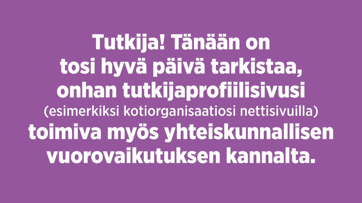 📣 Hei sinä yhteiskunnallisesta vuorovaikutuksesta kiinnostunut tutkija!

Pidäthän huolen, että tutkijaprofiilistasi löytyy yleiskielinen kuvaus asiantuntemusalueestasi (🇫🇮 tai 🇬🇧)! 🙏

Esimerkiksi toimittajille ja kaltaisillemme tiedevälittäjille tämä on tosi tärkeää.

1/5👇