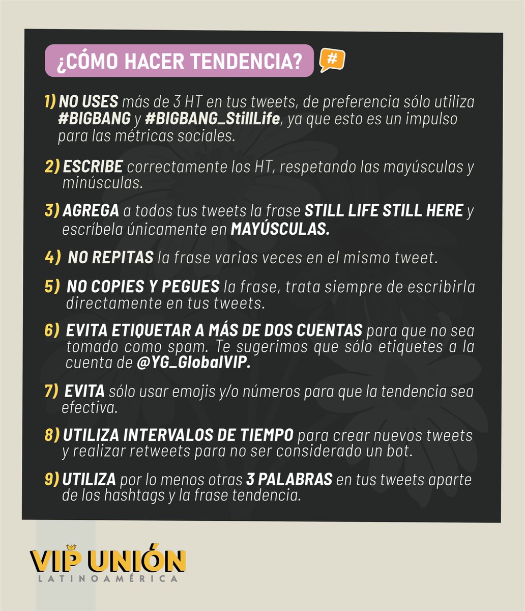 vip_latam's tweet image. [ EVENTO DE COMEBACK] 

Los invitamos a unirse al evento de tendencia aquí en Twitter festejando el comeback de #BIGBANG. 

📅 4 de abril
🕚 11 PM KST
#️⃣ BIGBANG
#️⃣ BIGBANG_StillLife
🖊 STILL LIFE STILL HERE

Pasos a seguir para hacer tendencia. ⬇️⬇️