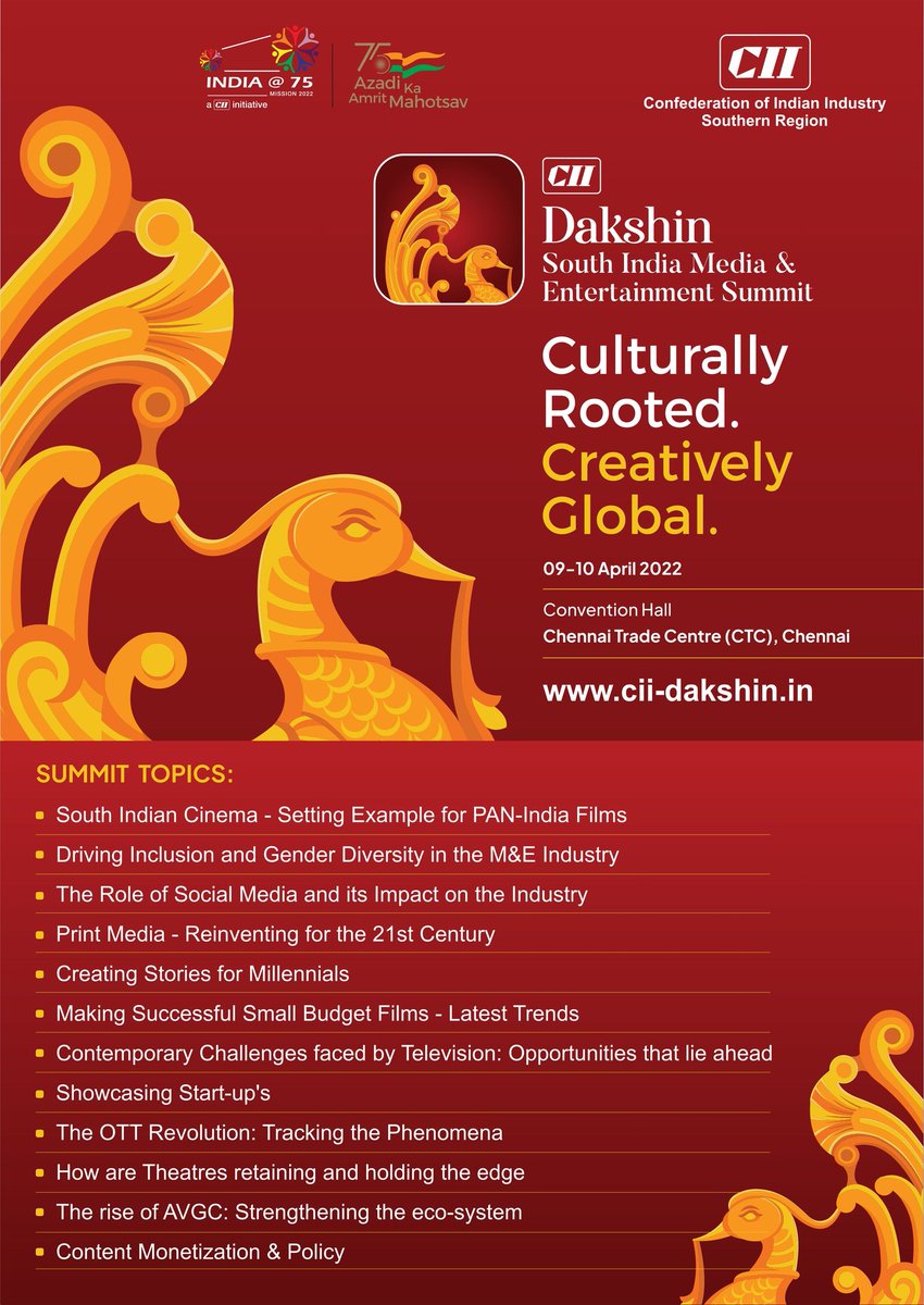 CinemaStrategy's tweet photo. #CII is organizing Dakshin:  Media &amp; Entertainment Summit on 9th &amp; 10th April at Chennai. Many Legends &amp; Achievers are participating to share knowledge. Don't miss friends 🏆😇

To register check the link here: https://t.co/pt4K0qQQi9 https://t.co/fZl9dcCNW1